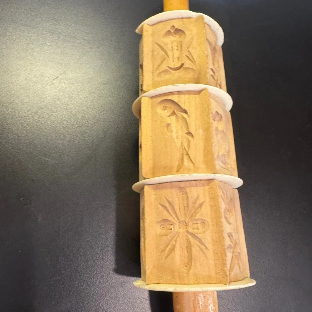 Decoration Only Springerle Rolling Pin Brown Wood Carved Bird Fruit Fish